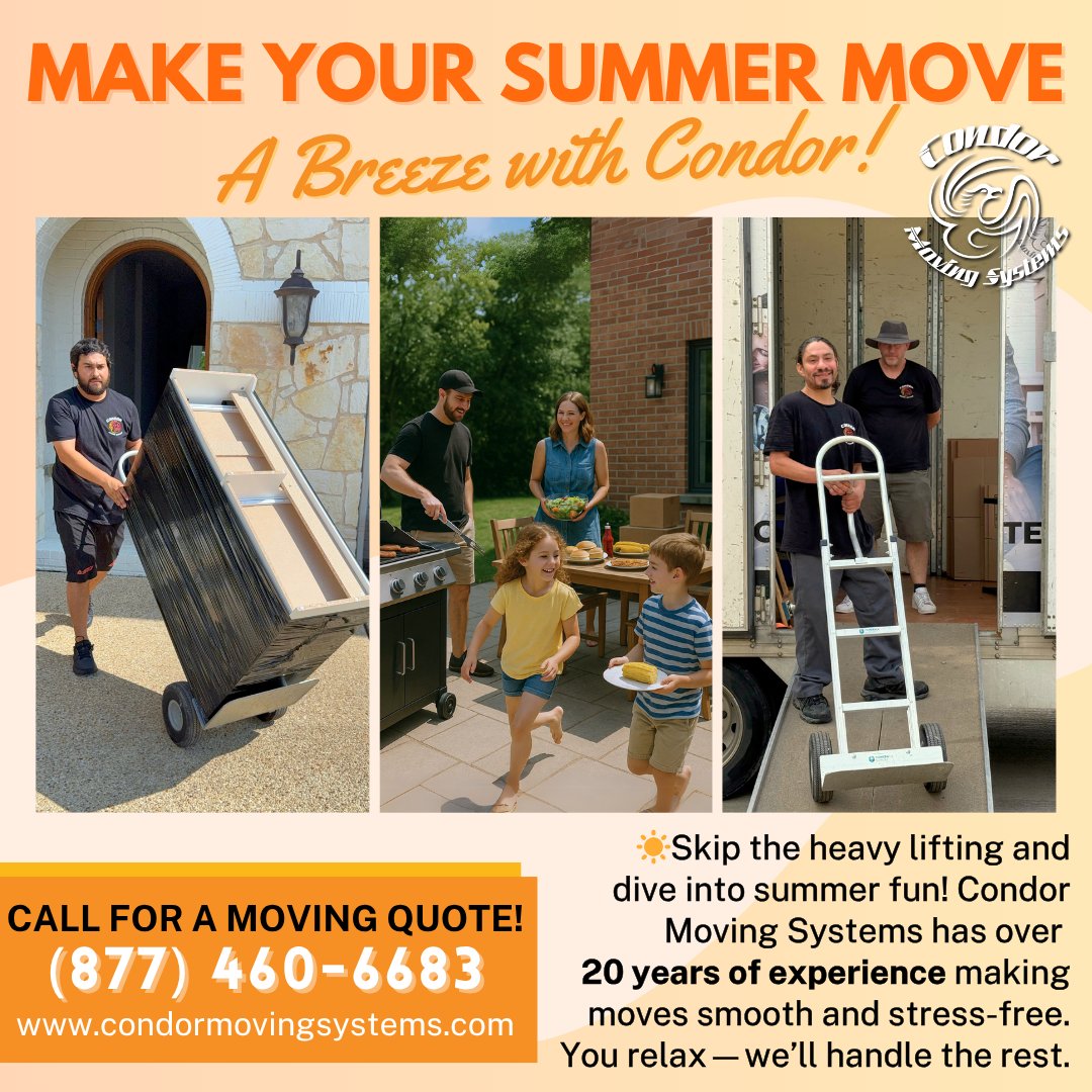 CondorMovingSys's tweet image. Summer moves don’t have to be stressful!🌞💪Whether you're settling into a new home or just trying to enjoy the season, Condor Moving Systems keeps things moving!

📞Call us at (877) 460-6683 or hit our link for a FREE Moving Quote! condormovingsystems.com/get-a-quote/