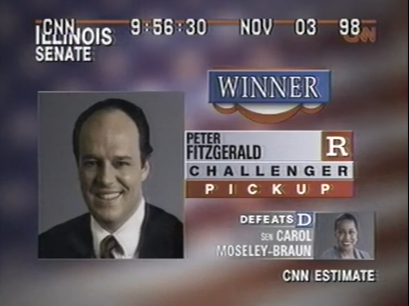 ElectionVintage's tweet image. State Sen. Peter Fitzgerald (R) narrowly defeated Sen. Carol Mosely-Braun (D) in 1998, but became so unpopular that it was basically a foregone conclusion he would not be re-elected. He declined to run for re-election, paving the way for Barack Obama to win the seat in 2004.
