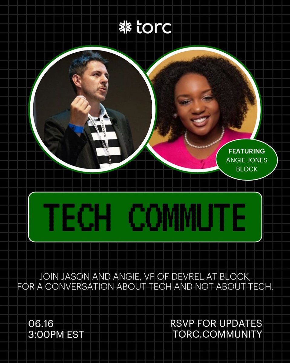 Join <a href="/TasonJorres/">Jason Torres</a>  and <a href="/techgirl1908/">Angie Jones</a> , VP of DevRel at Block, for a conversation about tech — and not about tech.

📅 June 16 | 🕒 3:00PM EST
🔗 RSVP: torc.community