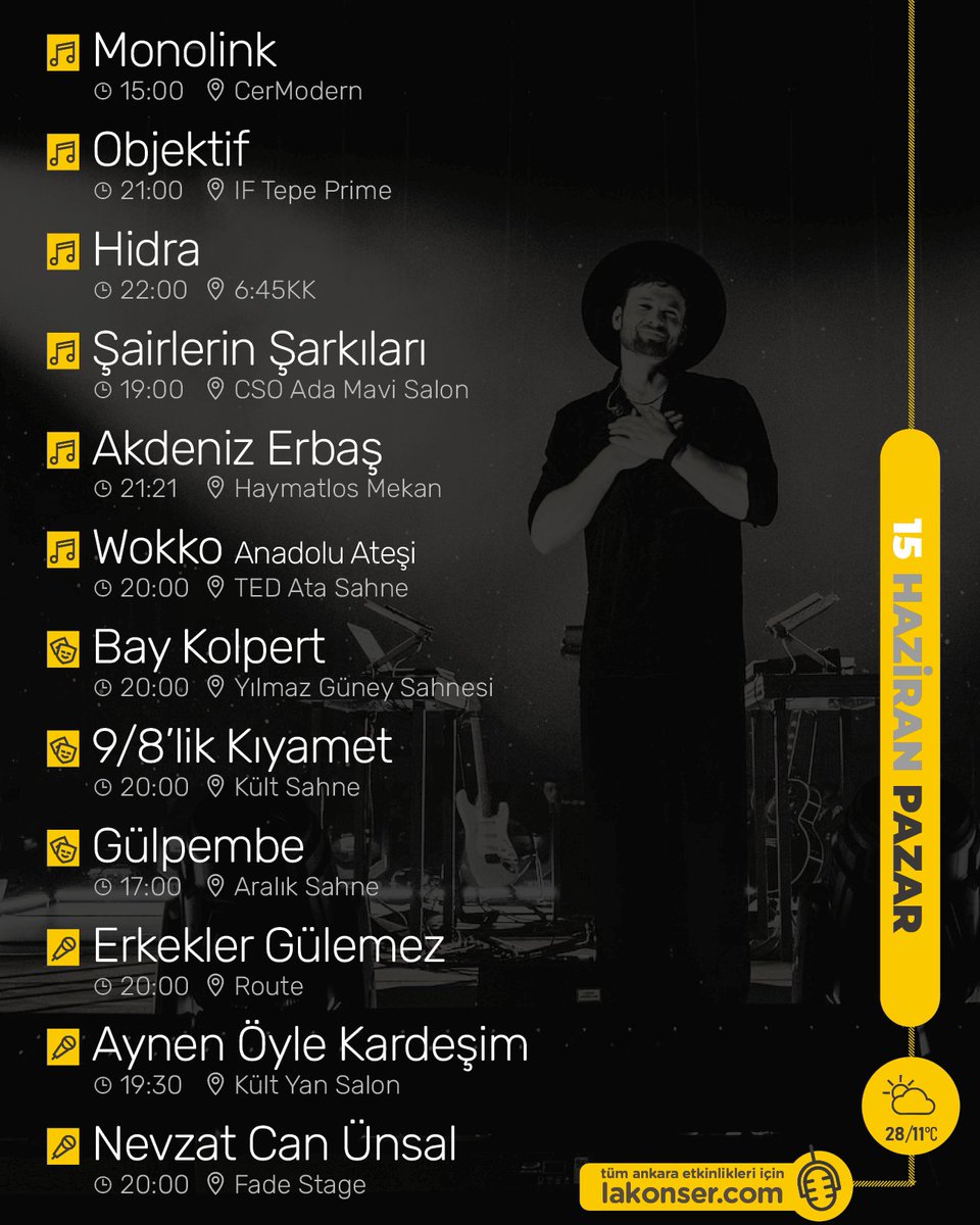 15 HAZİRAN #PAZAR Ankara etkinliklerinden öne çıkanlar 🎙️ Duymasını istediğin arkadaşına yollamayı unutma! Tüm etkinlikler için lakonser.com

Olası değişiklikler için etkinlik günü ilgili mekanın sosyal medya hesaplarını kontrol edebilirsiniz.