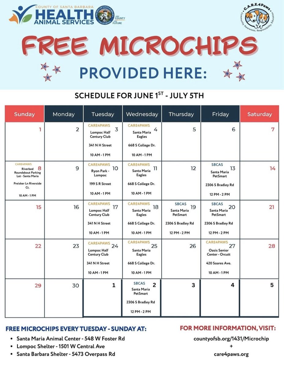 City_SantaMaria's tweet image. 📅 For full clinic schedule & details, visit:
🔗 countyofsb.org/1431/Microchip
🔗 care4paws.org