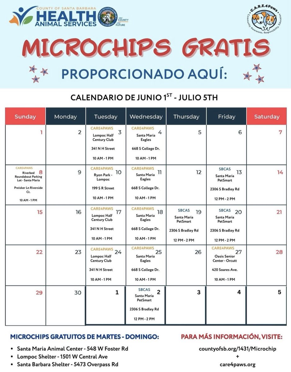 City_SantaMaria's tweet image. 📅 For full clinic schedule & details, visit:
🔗 countyofsb.org/1431/Microchip
🔗 care4paws.org