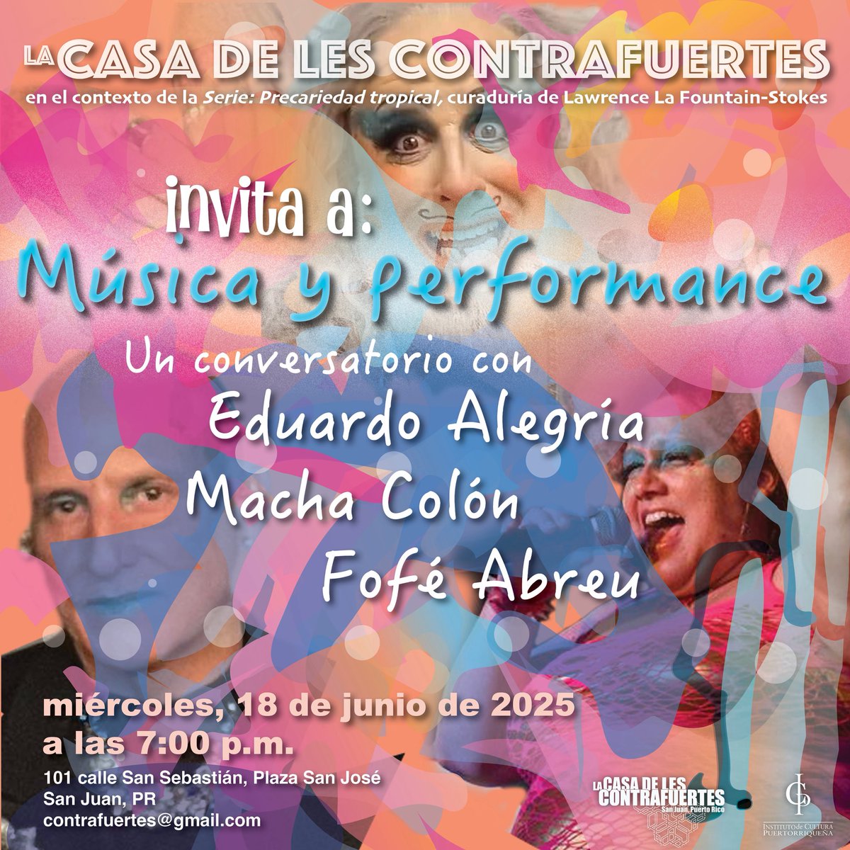 Larry La Fountain @larrylafountain dot bsky (@larrylafountain) on Twitter photo PRECARIEDAD TROPICAL PRESENTA:
Música y performance
miércoles, 18 de junio de 2025, 7:00pm
Conversatorio con:
• Eduardo Alegría
• Macha Colón
• Fofe Abreu
Moderador: <a href="/larrylafountain/">Larry La Fountain</a>
La Casa de los Contrafuertes
101 calle San Sebastián, Plaza San José
Viejo San Juan, PR PRECARIEDAD TROPICAL PRESENTA:
Música y performance
miércoles, 18 de junio de 2025, 7:00pm
Conversatorio con:
• Eduardo Alegría
• Macha Colón
• Fofe Abreu
Moderador: <a href="/larrylafountain/">Larry La Fountain</a>
La Casa de los Contrafuertes
101 calle San Sebastián, Plaza San José
Viejo San Juan, PR