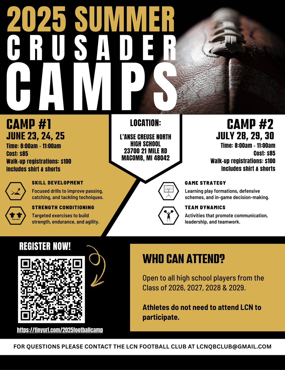 We have a LCN TEAM CAMP coming up…registration is still open. There are 2 opportunities to be a part of a great football camp June and July.