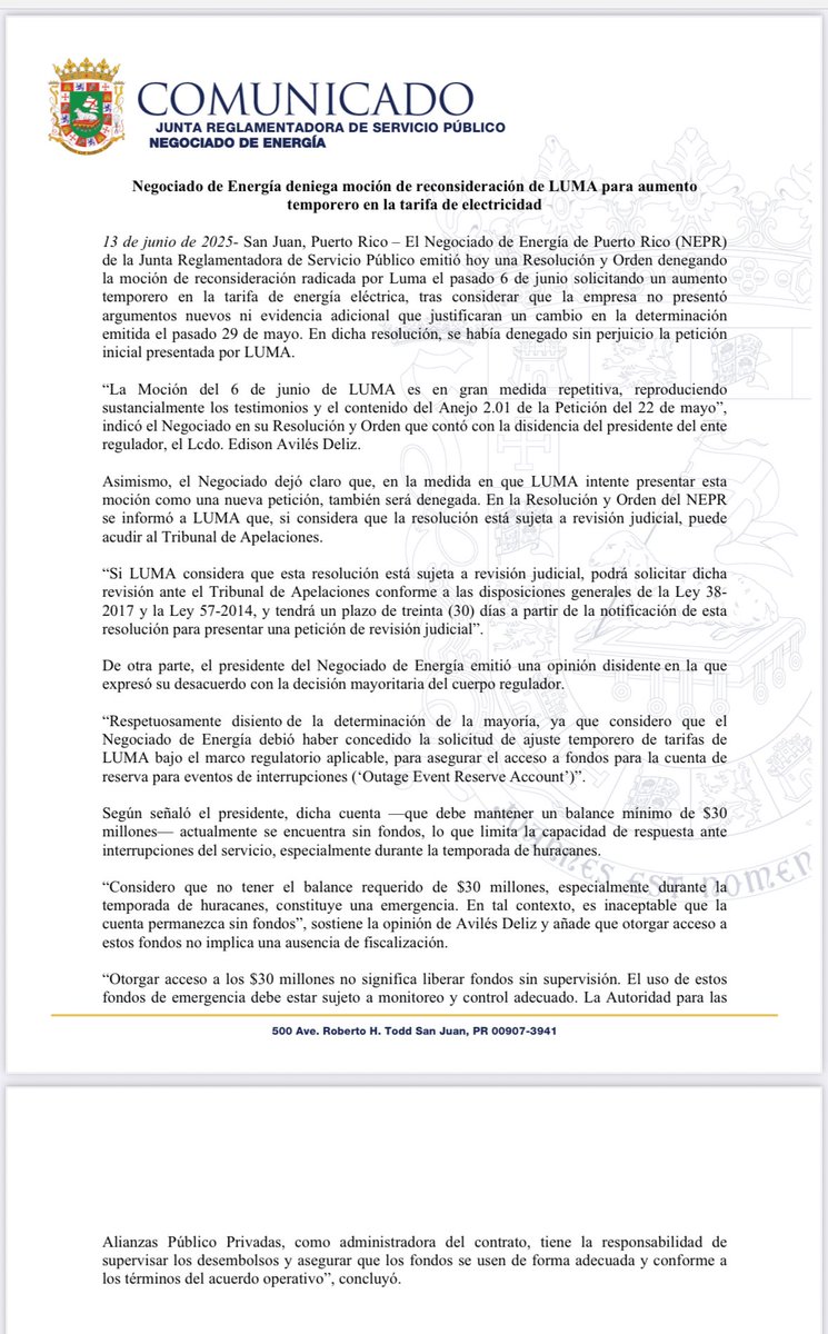 Negociado de Energía de Puerto Rico (@energianepr) on Twitter photo El Negociado de Energía de la <a href="/JuntaJRSP/">Junta Reglamentadora Servicio Público</a> denegó la moción de reconsideración presentada por LUMA para un ajuste temporero en la tarifa de energía, al concluir que no presentó fundamentos nuevos que lo justificaran.
Más detalles en la Resolución y Orden👇🏻
energia.pr.gov/wp-content/upl… El Negociado de Energía de la <a href="/JuntaJRSP/">Junta Reglamentadora Servicio Público</a> denegó la moción de reconsideración presentada por LUMA para un ajuste temporero en la tarifa de energía, al concluir que no presentó fundamentos nuevos que lo justificaran.
Más detalles en la Resolución y Orden👇🏻
energia.pr.gov/wp-content/upl…