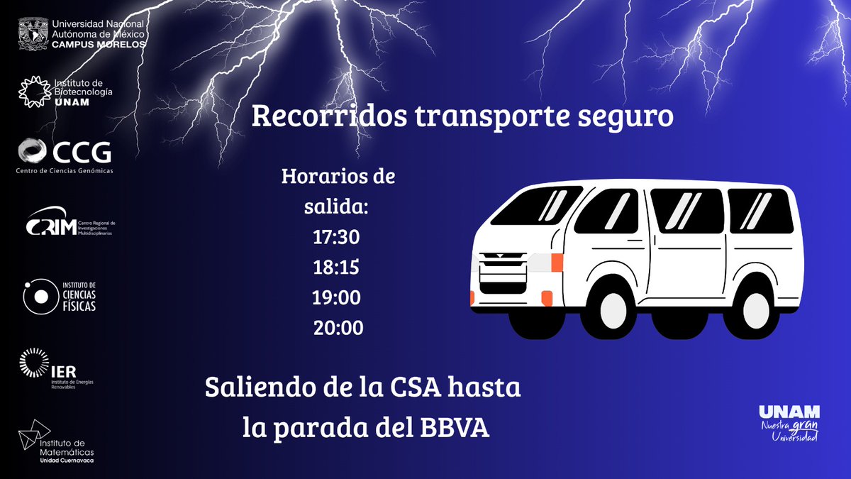 Atento aviso a la Comunidad ICF:

Derivado del cierre de la Av. Universidad, los recorridos del Transporte Seguro serán en los horarios habituales, llegando solo hasta la parada del BBVA.

Agradecemos su comprensión.

#UNAM #UNAMMorelos #Cuernavaca #UAEM
