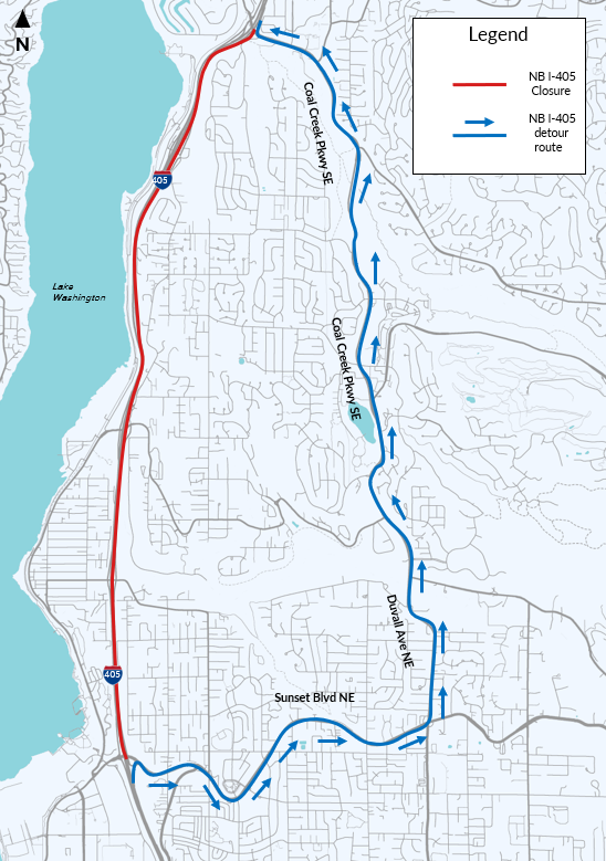 REMEMBER: NORTHBOUND I-405 IS CLOSED THIS WEEKEND! ⛔️
Just a reminder, NB I-405 between SR 900/Sunset Blvd/Southport Dr (MP 5) &amp; Coal Creek Pkwy (MP 10) between Renton &amp; Bellevue is closed this weekend for construction!
Expect significant delays on the detour or use alt. routes!