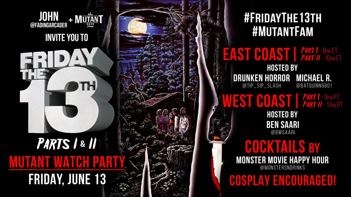 TheMutantFam's tweet image. Hit play now, and let's give Mrs. Voorhees pride and joy a real birthday bash!

Show us your cosplay and don't forget @Fadingarcader
 Has prizes!
Drunken_Horror/@tip_sip_slash 

#MutantFam #FFB