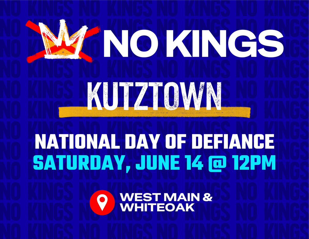 Just hours away!!!
Join us in Kutztown tomorrow at noon! #NoKings
Temps will be in the upper 60s w/ 45% chance of rain
Register here: mobilize.us/nokings/event/…
Registration isn't necessary, but I ask that you do it so I can send you an email with all of the details.