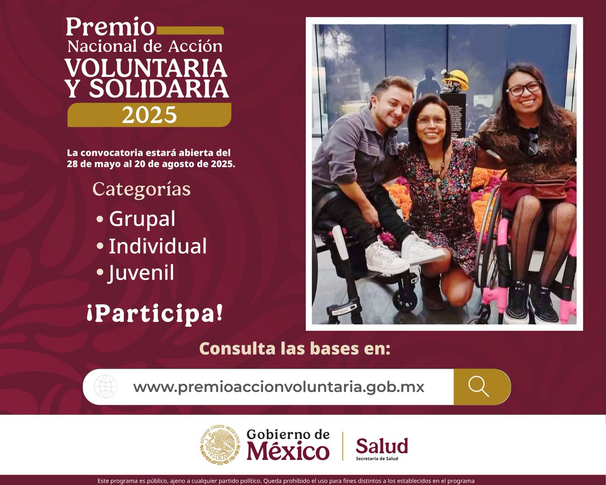 SSalud_mx's tweet photo. #PNAVS2025 🤝🏼

El Premio Nacional de Acción Voluntaria y Solidaria 2025, invita a postular a personas o grupos que sobresalgan por su compromiso voluntario y altruista en beneficio de sus comunidades.

Se convoca a:
✔️ Personas físicas.
✔️ Instituciones académicas.
✔️ Organizaciones de la sociedad civil.
✔️ Instituciones públicas o privadas.

Consulta las bases en ➡️ https://t.co/byYCkZCZYX