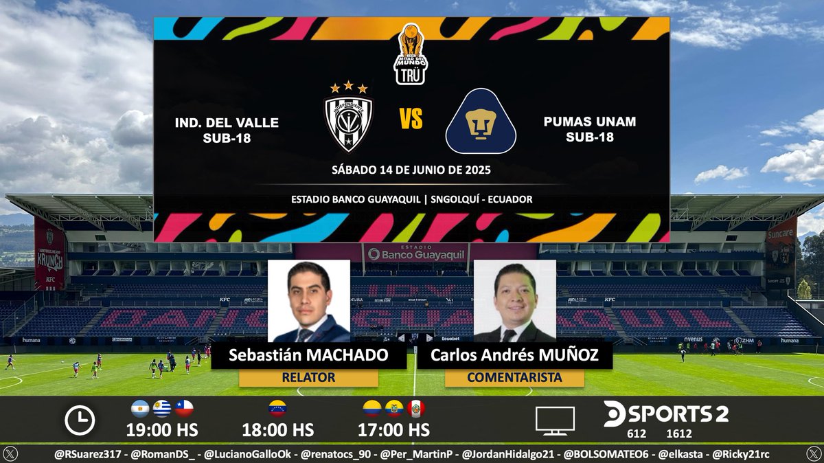 PuntajeIdealEC's tweet photo. ⚽️ #CopaMDM (Final) 🏆 | 🇪🇨 #IDV vs. #Pumas 🇲🇽
🎙 Relatos: @Sebas_Machado
🎙 Comentarios: @CarlosAndresMN
📺 @DSports (612 - 1612) Sudamerica
💻📱@DIRECTVGO
🤳 #CopaMDMEnDIRECTV
Dale RT 🔃 https://t.co/2KRcEPzuFX