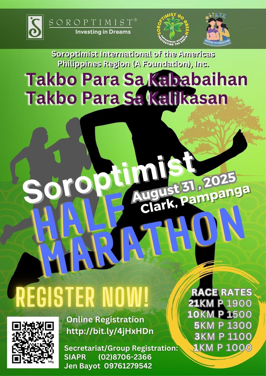 OmiGozon's tweet photo. LET’S RUN AND INVEST IN DREAMS!

 SOROPTIMIST HALF MARATHON
“Takbo Para sa Kababaihan, Takbo Para sa Kalikasan”
📍 Filinvest, Clark, Pampanga
📅 August 31, 2025

#TakboParaSaKababaihanTakboParaSaKalikasan #Soroptimist #SIAPR 
#ATEProgram #GoGreenPH
#InvestInDreams https://t.co/BGUjLn3IVm