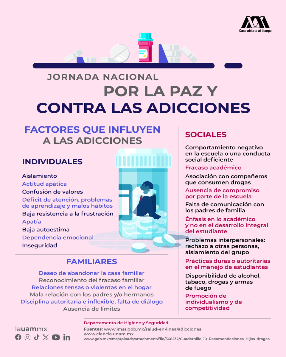 📣 ¡Es mejor vivir sin adicciones! ¡Revisa los factores de riesgo individuales, familiares y sociales! Jornada Nacional por la Paz y contra las Adicciones

#SoyUAM #UAMResponsable #Adicciones #Salud #JornadaPorLaPazYContraLasAdicciones