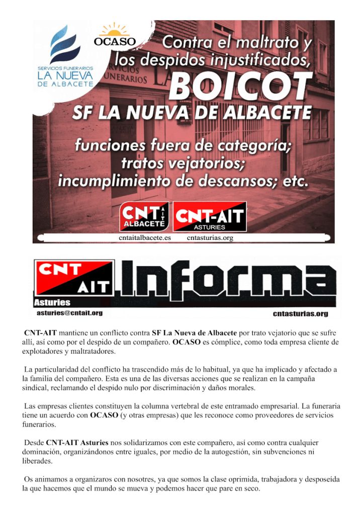 Funeraria La Nueva Albacete Despide (@telepizzaboicot) on Twitter photo "💥 CNT-AIT Asturies lleva la lucha a las oficinas de #Ocaso en Mieres, El Entrego y Langreo. Información, solidaridad y resistencia. ¡Si tocan a uno, nos tocan a todas! ✊ #CNTAIT #Solidaridad
#OCASONO #Funeraria #Nueva #Albacete
cc/ <a href="/cntaitalbacete/">SOV CNT-AIT Albacete</a> "💥 CNT-AIT Asturies lleva la lucha a las oficinas de #Ocaso en Mieres, El Entrego y Langreo. Información, solidaridad y resistencia. ¡Si tocan a uno, nos tocan a todas! ✊ #CNTAIT #Solidaridad
#OCASONO #Funeraria #Nueva #Albacete
cc/ <a href="/cntaitalbacete/">SOV CNT-AIT Albacete</a>