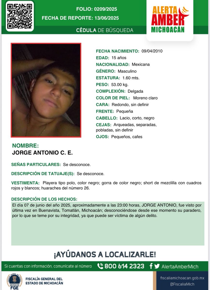 ⚠️🟡 Solicitamos su apoyo para la búsqueda y localización de JORGE ANTONIO C.E. de 15 años de edad. #AlertaAmberMx #AlertaAmberMich #FGEMich @BotDesaparecidx
