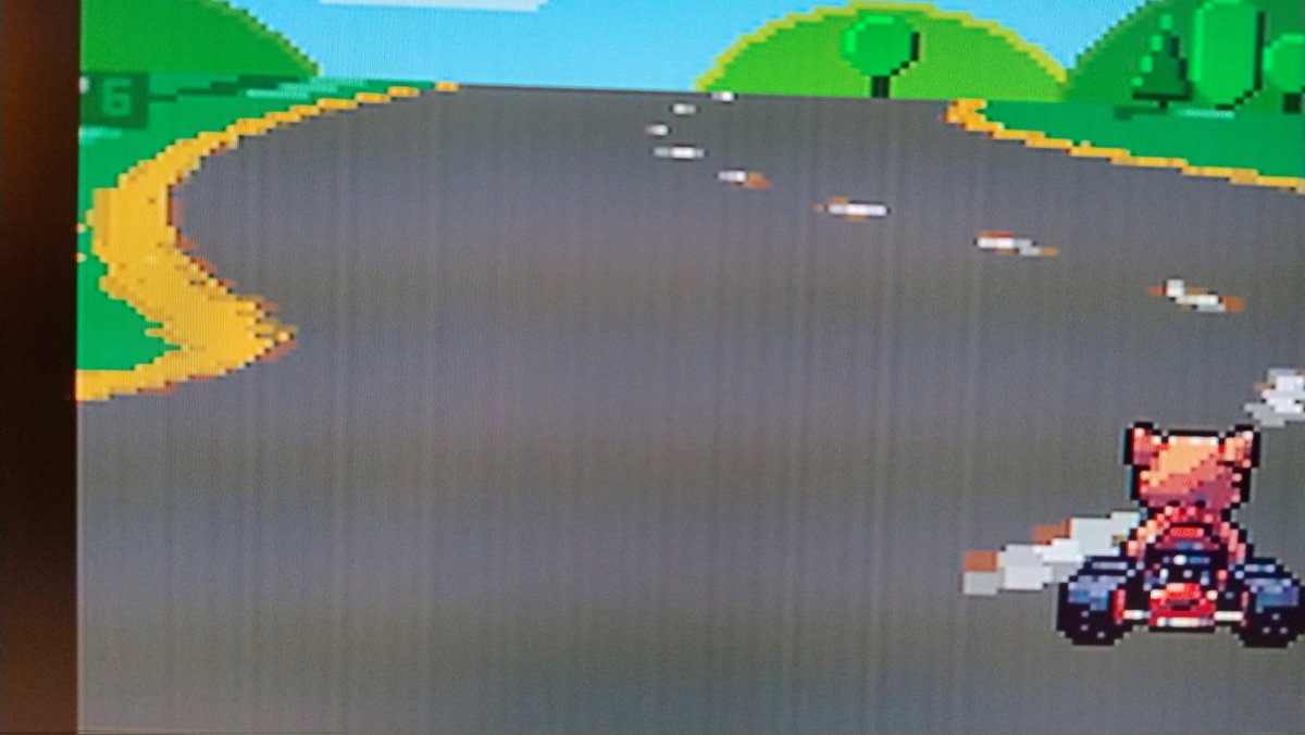 #SuperMicroKarting update: Added the number of vertical blanks per frame. Currently on stock #Amiga 1200 this number is 6, equals to 50 Hz / 6 = 8,33 fps. Most of time is spent drawing the #mode7 effect.