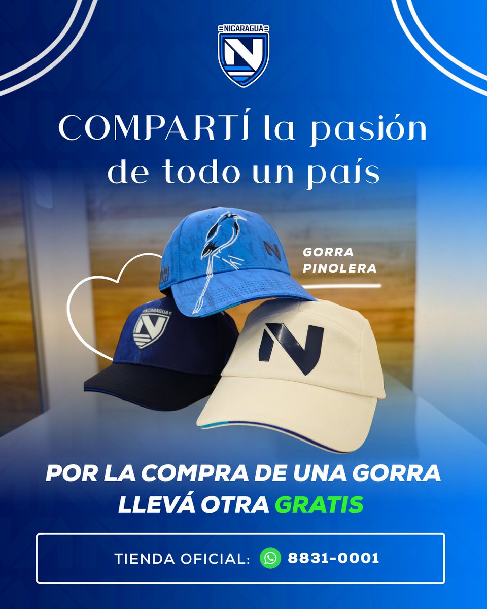 🧢💙 ¡𝗧𝗼𝗱𝗼 𝗲𝘀 𝗺𝗲𝗷𝗼𝗿 𝗰𝘂𝗮𝗻𝗱𝗼 𝘀𝗲 𝗰𝗼𝗺𝗽𝗮𝗿𝘁𝗲! 🇳🇮

Aprovechá este 2×1 en gorras oficiales de la Selección. Comprá una y llevate otra ¡TOTALMENTE GRATIS! 👏🏻

📲 Pedí la tuya aquí: wa.me/+50588310001