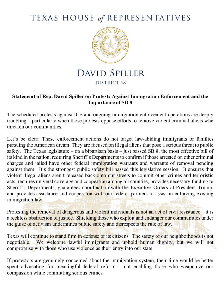 DavidSpillerTX's tweet image. Please see my statement on the recent protests against ICE and why #SB8 is needed. #txlege