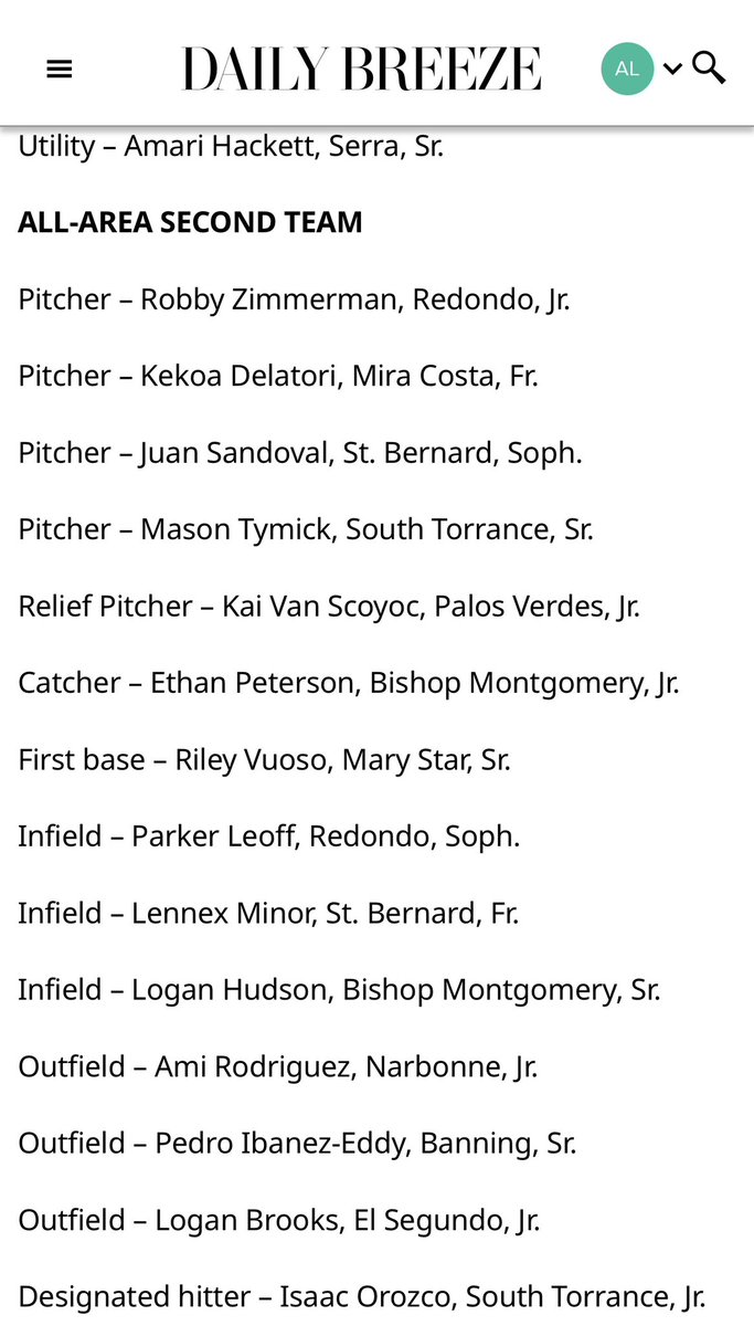 Thank you <a href="/DailyBreezeNews/">Daily Breeze</a> for naming me second team all area! <a href="/TB_SoCalTeams/">TB Socal Baseball</a>