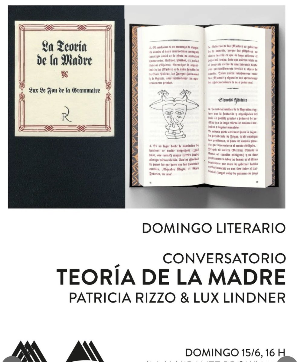 El domingo 15 conversaremos con Lux Lindner sobre su curioso  ensayo político-artístico-literario “La Teoría de la Madre” publicado en mi editorial. <a href="/MuseoMARCO/">@MuseoMARCO</a> La Boca, Almirante Brown 1031, 16 horas