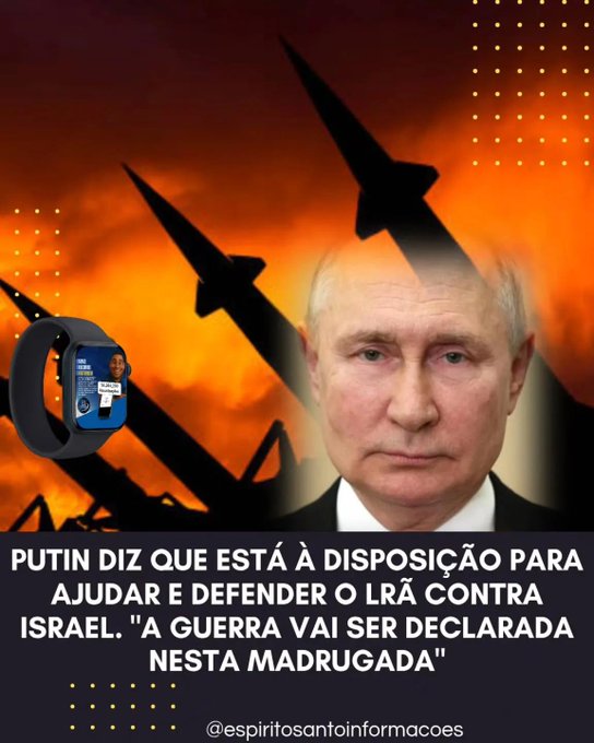 URGENTE:

Presidente Russo Vladimir Putin, diz estar pronto para ajudar a defender o Irã contra Israel, "A guerra vai ser declarada nesta Madrugada" ... 👇