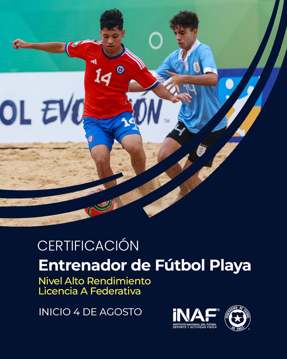 INAF_CHILE's tweet photo. ¡Conviértete en entrenador de #FútbolPlaya con enfoque en alto rendimiento! Obtén la Licencia A Nacional de la Fed. de Fútbol de Chile con #INAF. Si ya participas en algún equipo del campeonato federativo tienes 50% de descuento. 🏖️⚽️ Inscripciones: https://t.co/P41cPPcEAV https://t.co/q6QCbhgrjy