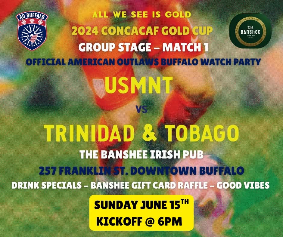 AOBuffalo's tweet image. Alright gang, it's time to lock in 😎
Gold Cup begins this Sunday, and it's time for us to get together and back our team! Come by @bansheeirishpub this Sunday, June 15th at 6pm for the first group stage matchup against a classic foe 🇹🇹! See all you wonderful people there ⚽🇺🇸
