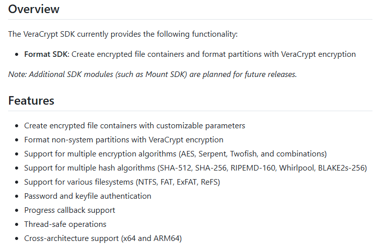 VeraCrypt_IDRIX's tweet photo. 🚀 We’re excited to announce the first release of the VeraCrypt SDK!
Now you can create VeraCrypt-encrypted volumes programmatically, no VeraCrypt binaries needed (just the driver installed).
Perfect for integration, automation and custom tools.
See the link below for more info👇 https://t.co/rb7x2vtAQf