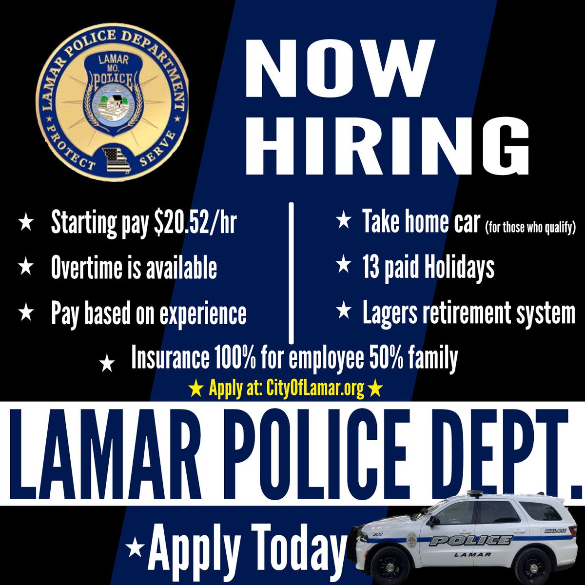 🚨NOW HIRING🚨

Serve with Purpose. Protect with Pride. Now hiring future Officers.

Apply at: CityOfLamar.org