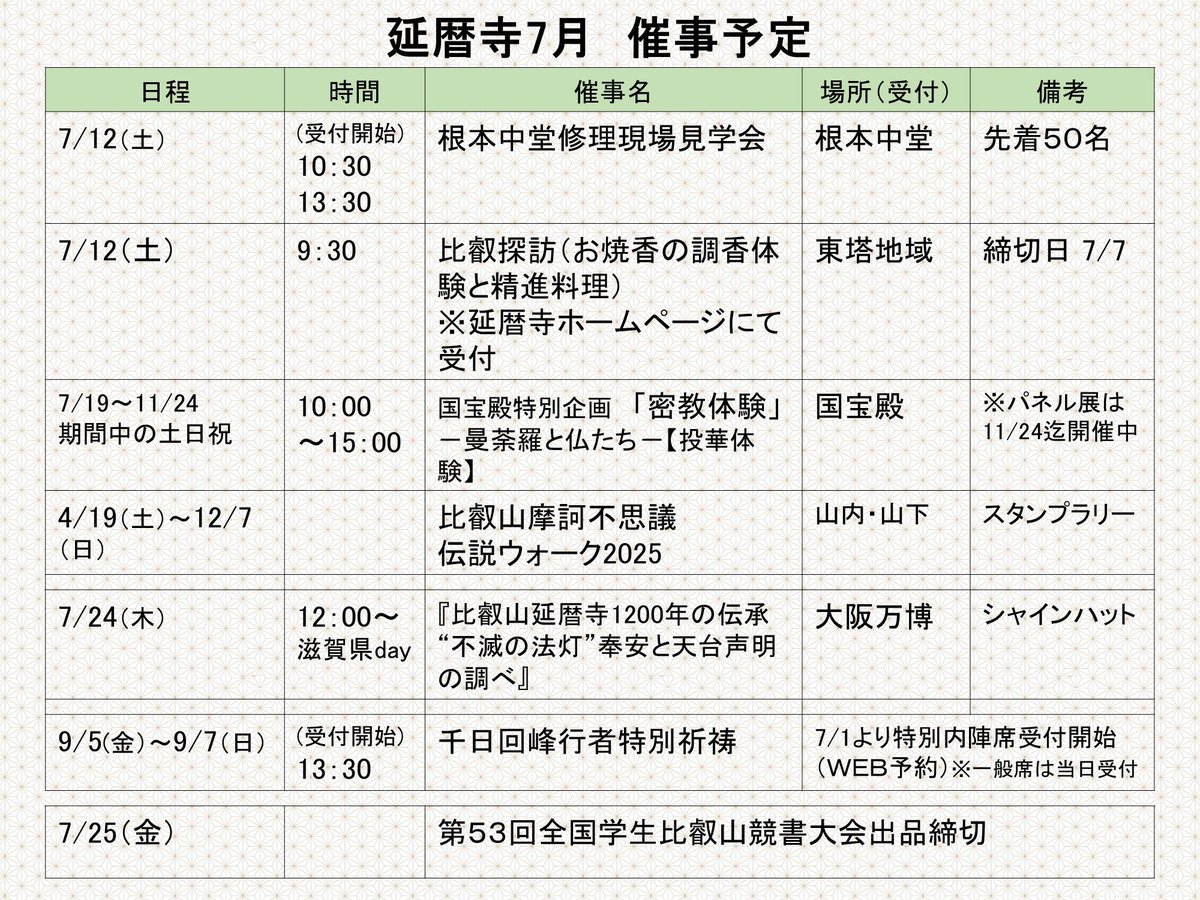 enryakuji_hiei's tweet image. 〈延暦寺7月の法要・催事予定一覧〉
急遽、日時が変更となる場合もありますが、
ご了承ください。
#比叡山 #延暦寺 #法要 #催事
#予定 #7月 #イベント