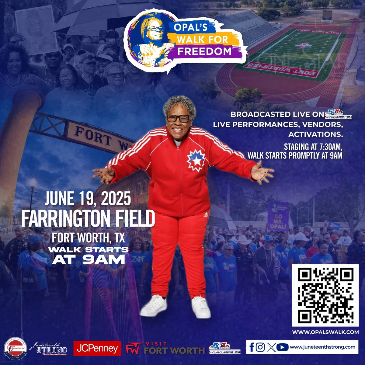✨ Join the movement! ✨
Opal’s Walk for Freedom 
June 19, 2025 at Farrington Field in Fort Worth!

📍 Staging begins at 7:30AM
🕘 Walk starts promptly at 9:00AM
🎥 Broadcast live on @cw33dfw

Register now at opalswalk.com or scan the QR code!