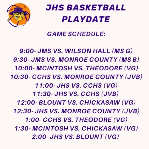 🟣🟡🏀 🟣🟡🏀 🟣🟡🏀 🟣🟡🏀 🟣🟡
The Jackson Aggies basketball programs will host a Summer Play Date on Tuesday, June 17th.  First game will start at 9 a.m.
$5.00 at the door &amp; concessions will be sold!!!

Come out and catch some good basketball 
🟣🟡🏀 🟣🟡🏀 🟣🟡🏀 🟣🟡🏀 🟣🟡