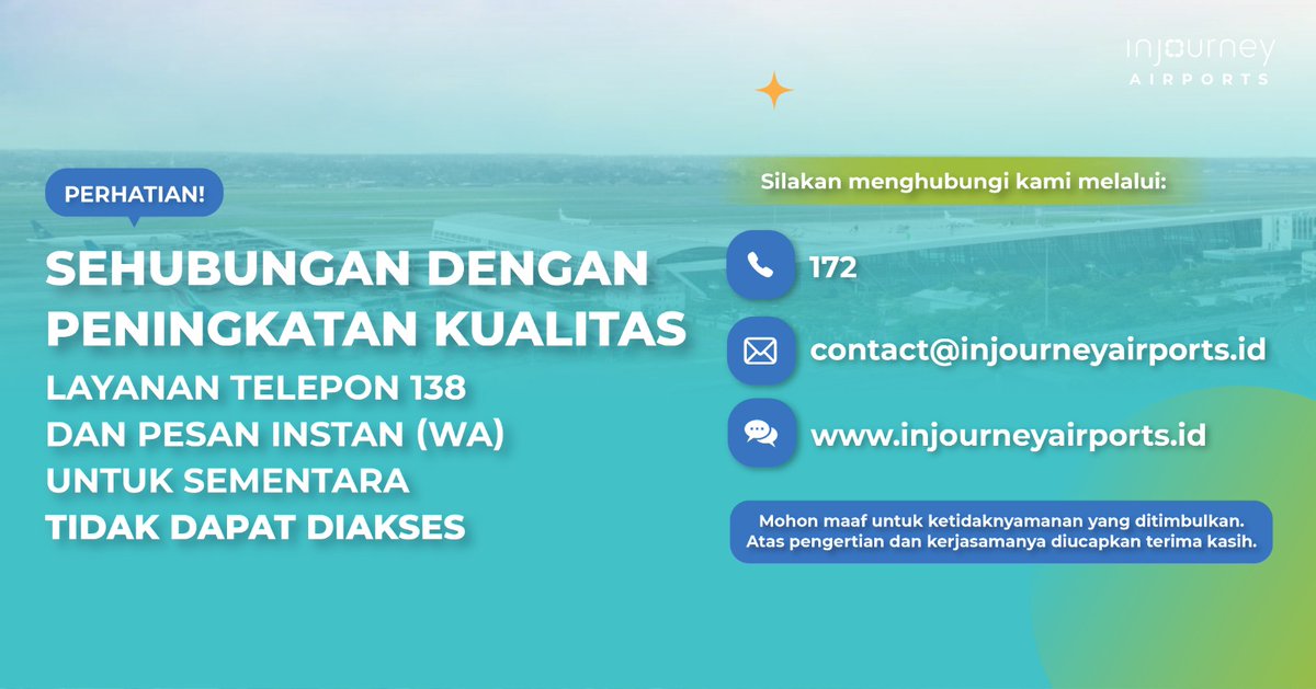 Halo #SobatAPI
Maaf atas ketidaknyamanannya, saat ini layanan Contact Center kami sedang melakukan peningkatan kualitas layanan. 

Untuk penanganan suara pelanggan, silakan menghubungi:
Call : 172
Email : contact@injourneyairports.id
Website : injourneyairports.id

Pantau