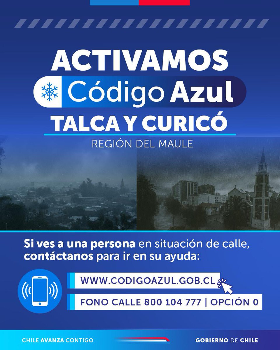Desde hoy viernes 13 a las 17:00 horas y hasta mañana sábado 14 de junio a las 13:00 horas, se activa el #CódigoAzul para la Región Metropolitana y las comunas de San Felipe, Los Andes, Rancagua, Curicó, Talca, Chillán y Los Ángeles. 
Fono Calle 800 104 777, opción 0