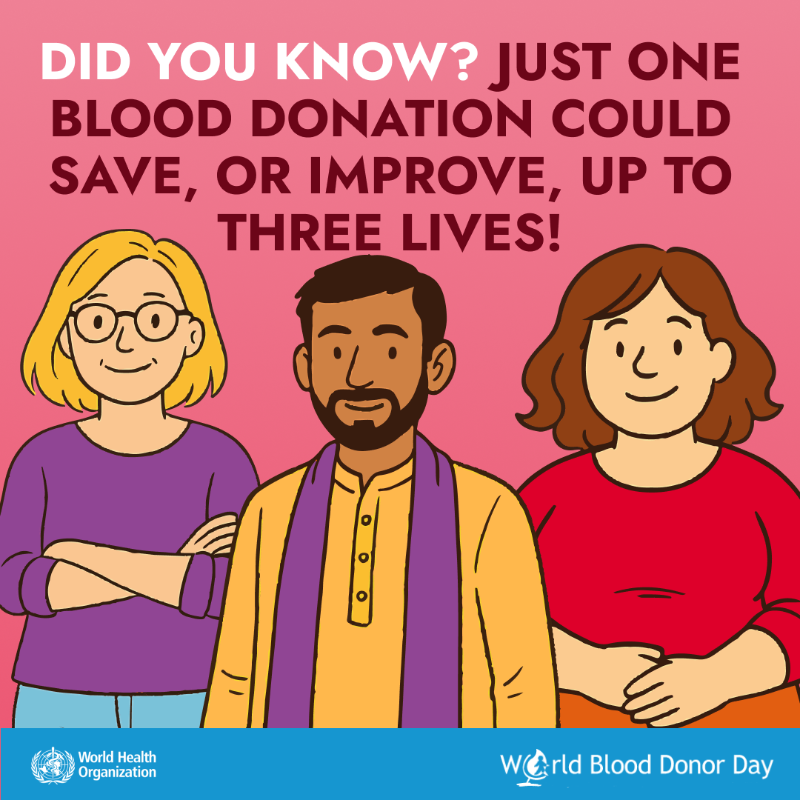 WHO's tweet photo. Your blood donation 🩸 can help patients with

- Pregnancy &amp; childbirth complications
- Surgeries
- Blood conditions
- Severe anaemia

You can be a life saver! #GiveBlood, save lives 🔗https://t.co/QIxyW0UWxW #WorldBloodDonorDay