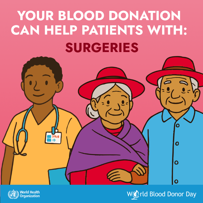 WHO's tweet photo. Your blood donation 🩸 can help patients with

- Pregnancy &amp; childbirth complications
- Surgeries
- Blood conditions
- Severe anaemia

You can be a life saver! #GiveBlood, save lives 🔗https://t.co/QIxyW0UWxW #WorldBloodDonorDay