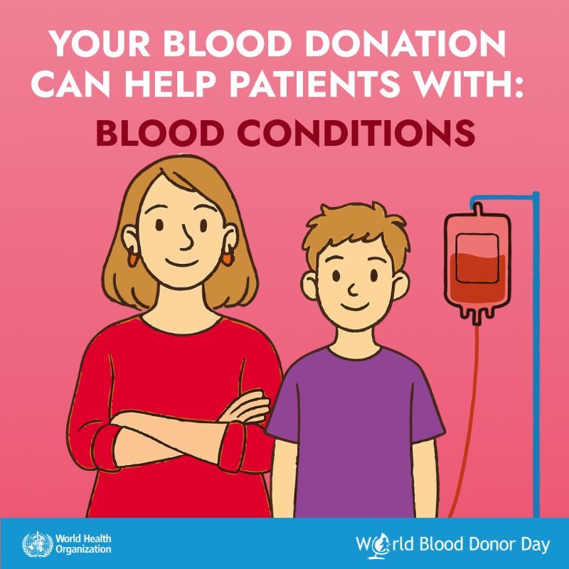WHO's tweet photo. Your blood donation 🩸 can help patients with

- Pregnancy &amp; childbirth complications
- Surgeries
- Blood conditions
- Severe anaemia

You can be a life saver! #GiveBlood, save lives 🔗https://t.co/QIxyW0UWxW #WorldBloodDonorDay