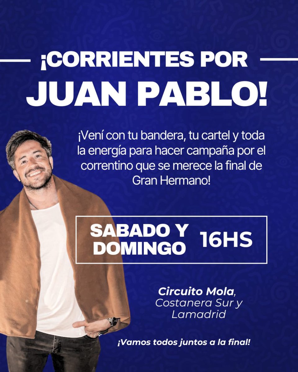 unificaciondevi's tweet image. 🎯 ATENCIÓN DEVINETA
✅ ¡CORRIENTES APOYA A JUAN PABLO!

👉🏻 Nos reunimos todos juntos para hacer campaña por nuestro correntino Juan Pablo De Vigili, los que quieran sumarse, bienvenidos sean; traigan banderas, carteles y muchas ganas para hacer presencia y ruido, porque merece…