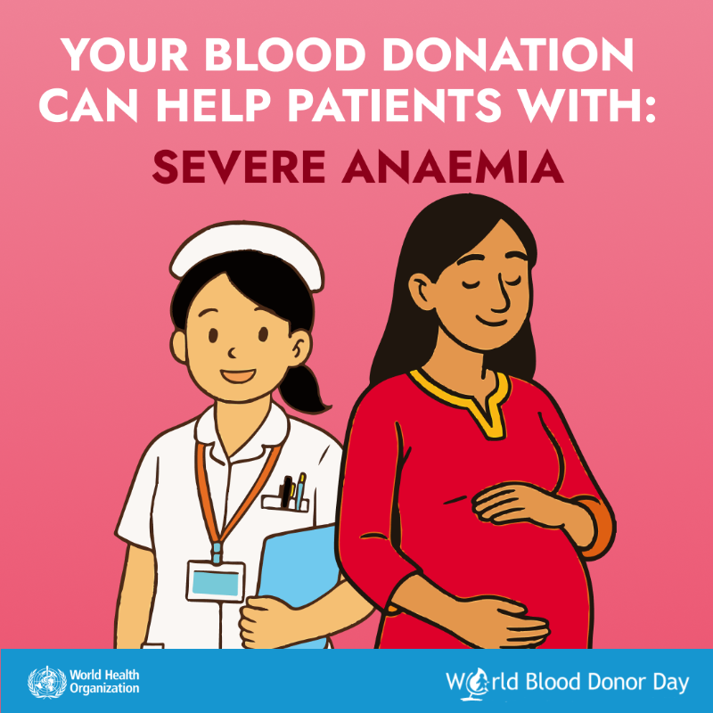 WHO's tweet photo. Your blood donation 🩸 can help patients with

- Pregnancy &amp; childbirth complications
- Surgeries
- Blood conditions
- Severe anaemia

You can be a life saver! #GiveBlood, save lives 🔗https://t.co/QIxyW0UWxW #WorldBloodDonorDay
