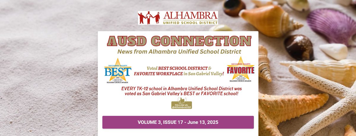 We hope your summer 🌞🏖️ has gotten off to a great start❗️

Our June 13th issue of "AUSD Connection" 📰has been published. You can access it at:
🔗 tinyurl.com/AUSDConnection….

Enjoy reading 👀about the many exciting things happening throughout the Alhambra USD❗️