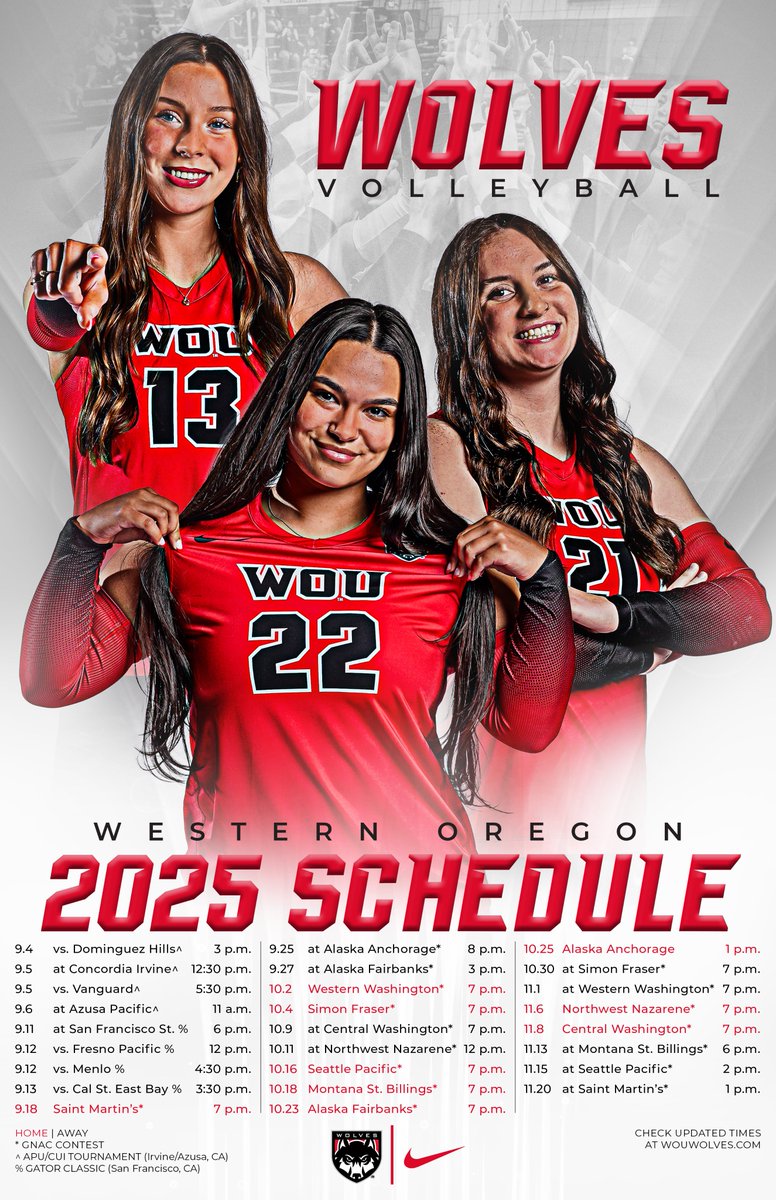 WOU_Wolves's tweet image. The 2025 Western Oregon volleyball schedule poster is now available at the Wolves athletics office!