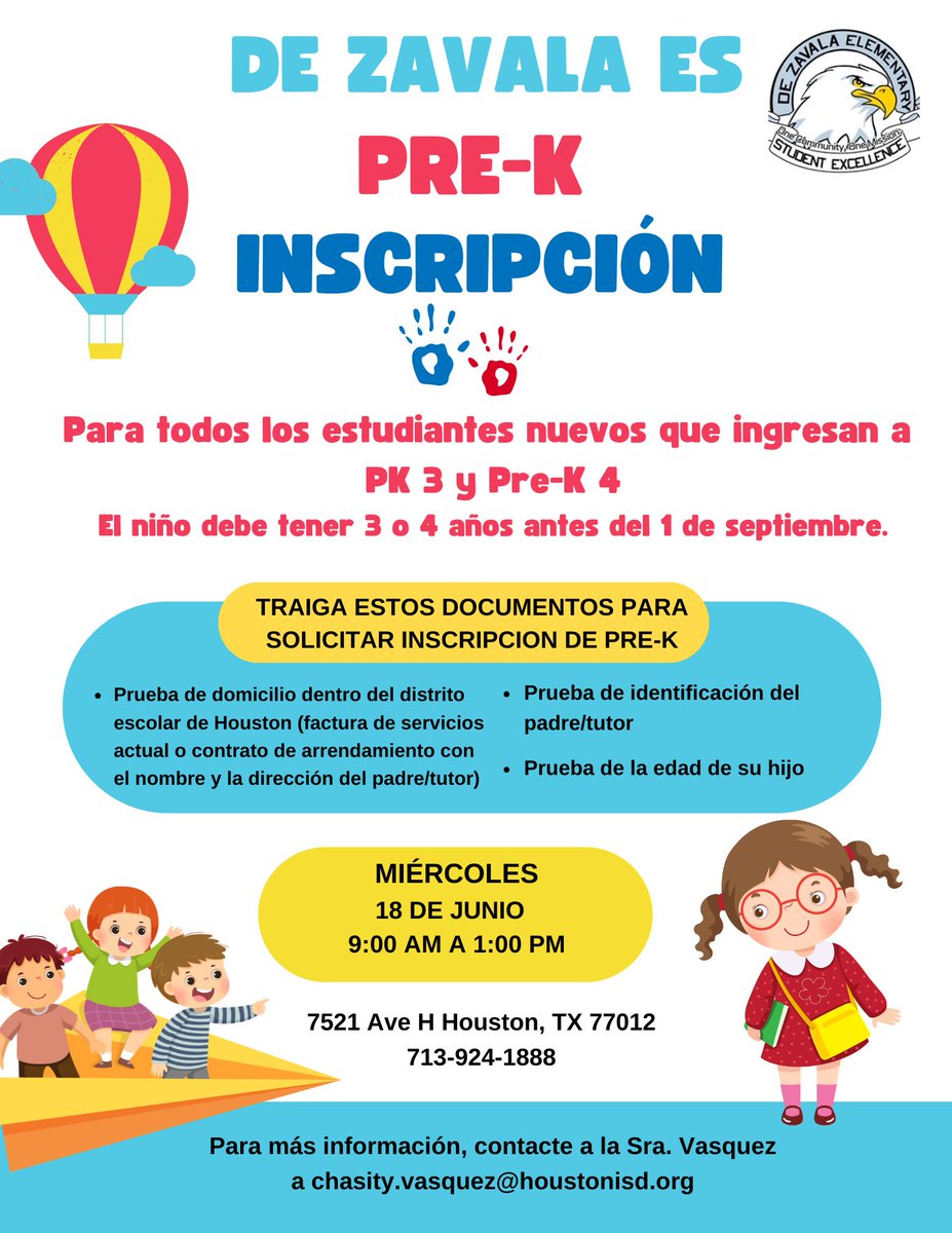 De Zavala Elementary (@dezavalahisd) on Twitter photo 📣 Calling all future Eagles! 🦅 Join us for a PK Round-Up at De Zavala ES on Wednesday, June 18, from 9 AM – 1 PM. Come register your little one and get ready to soar into Pre-K! ✏️🎒 #SoaringToNewHeights #DZPride <a href="/HoustonISD/">Houston ISD</a> 📣 Calling all future Eagles! 🦅 Join us for a PK Round-Up at De Zavala ES on Wednesday, June 18, from 9 AM – 1 PM. Come register your little one and get ready to soar into Pre-K! ✏️🎒 #SoaringToNewHeights #DZPride <a href="/HoustonISD/">Houston ISD</a>
