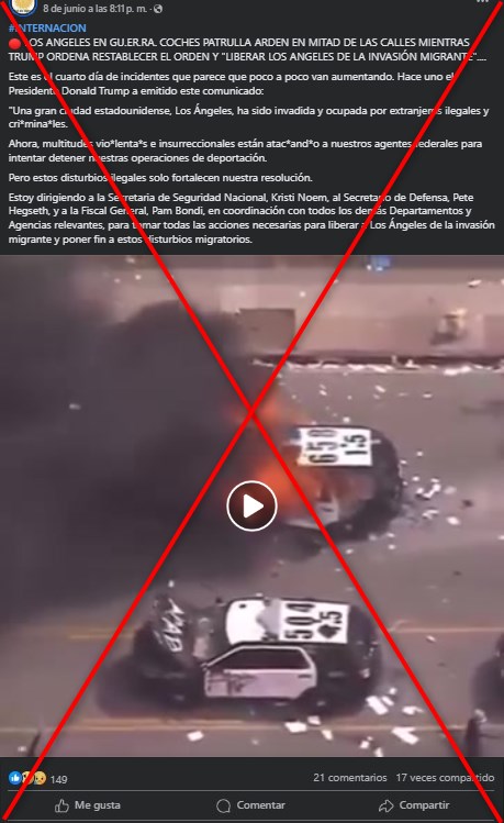 🇺🇸 ¿Este video de una patrulla en llamas muestra las protestas en Los Ángeles contra las redadas migratorias en junio de 2025?

❌ No. La secuencia sí fue grabada en esa ciudad, pero en 2020 durante una protesta por el asesinato de George Floyd.

➡️ u.afp.com/PatrullaLosÁng…