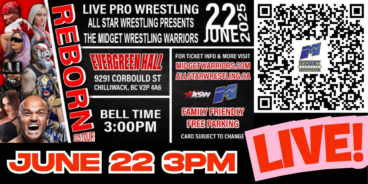 Chilliwack! The first and second rows for the <a href="/warriormidgets/">Midget Wrestling Warriors</a> are SOLD OUT for June 22!

There are still 3rd row and general tix available, and VIP tickets to meet <a href="/AweSampson/">Short Sleeve Sampson</a> and the Midget Wrestling Warriors are available!

We are 9 days away from being Reborn on the Canadian