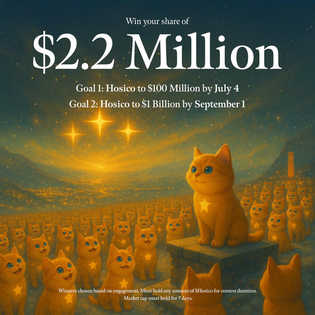 🚨 <a href="/Hosico_on_sol/">Hosico ✨</a> announces $2.2M giveaway if $HOSICO hits $0.10 by July 4 and $1 by September 1 with rewards for 20 supporters based on price milestones and engagement