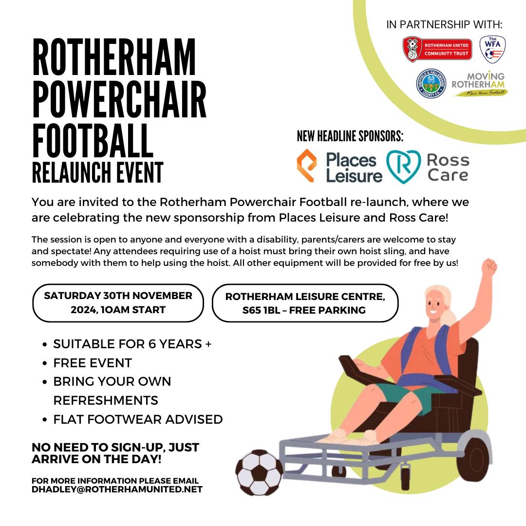 #SaturdayMotivation - Powerchair Football!!🥅⚽️🧑‍🦼

⏰ 10 AM Start

📍 Rotherham Leisure Complex S65 1BL (Free parking)
🎉 Free Event - Open to all abilities - Suitable for ages 6+

<a href="/The_WFA/">The WFA</a>  <a href="/RUFC_CT/">Rotherham United Community Trust</a>

#wheelchairfootball #footballforall #disabilityinclusion