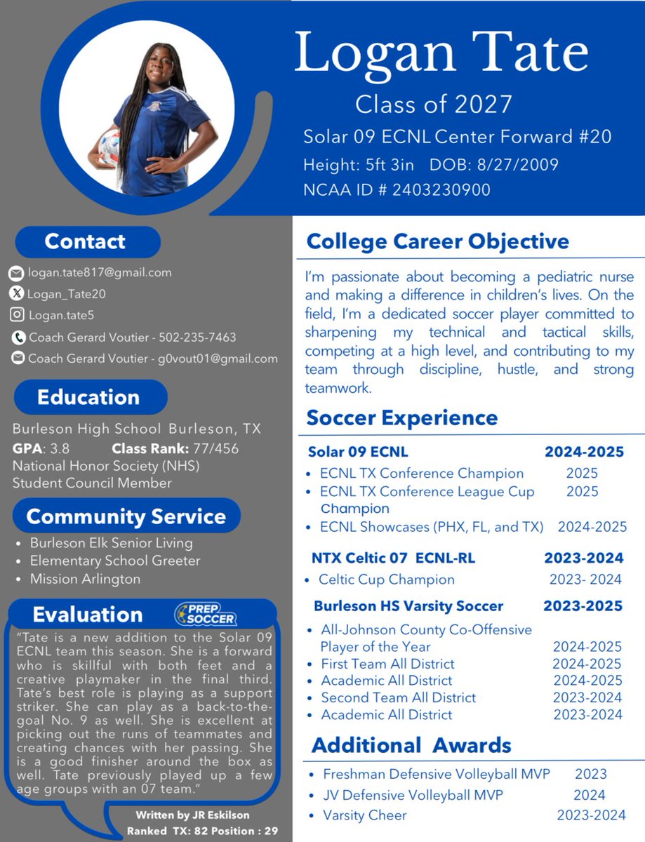 Logan Tate ( 2027) (@logan_tate20) on Twitter photo Coaches! I am so blessed to start my recruiting process this Sunday! Check out my player profile below.
I look forward to speaking with you.
<a href="/Solar09gECNL/">Solar 09g ECNL (U17)</a>
<a href="/ImYouthSoccer/">ECNL/GA/Recruiting/College Soccer</a>
<a href="/ECNLgirls/">ECNL Girls</a>
<a href="/ImCollegeSoccer/">College Soccer Truth ™</a>
<a href="/PrepSoccerTX/">Prep Soccer Texas</a> Coaches! I am so blessed to start my recruiting process this Sunday! Check out my player profile below.
I look forward to speaking with you.
<a href="/Solar09gECNL/">Solar 09g ECNL (U17)</a>
<a href="/ImYouthSoccer/">ECNL/GA/Recruiting/College Soccer</a>
<a href="/ECNLgirls/">ECNL Girls</a>
<a href="/ImCollegeSoccer/">College Soccer Truth ™</a>
<a href="/PrepSoccerTX/">Prep Soccer Texas</a>