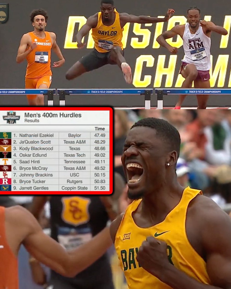 travismillerx13's tweet image. Nathaniel Ezekiel 47.49! #NCAATF 

Yet another 400mH PB and 🇳🇬national record which moves him up to 3rd in collegiate history!