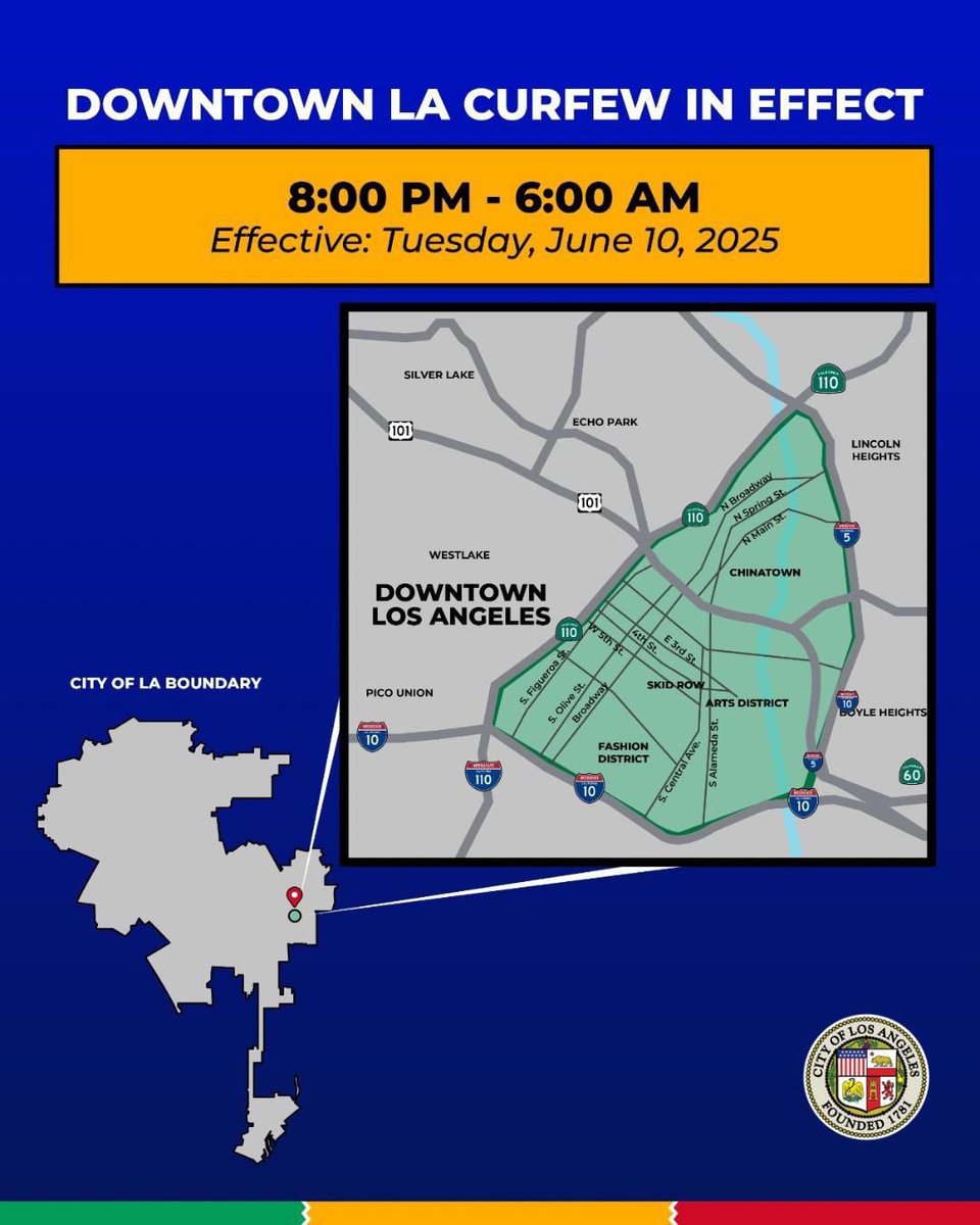 📢 Curfew is in effect for Downtown LA tonight, 8 PM - 6 AM. 

🔗 Curfew guidance, including exemptions: lacity.gov

🏙️ Stay safe, LA.